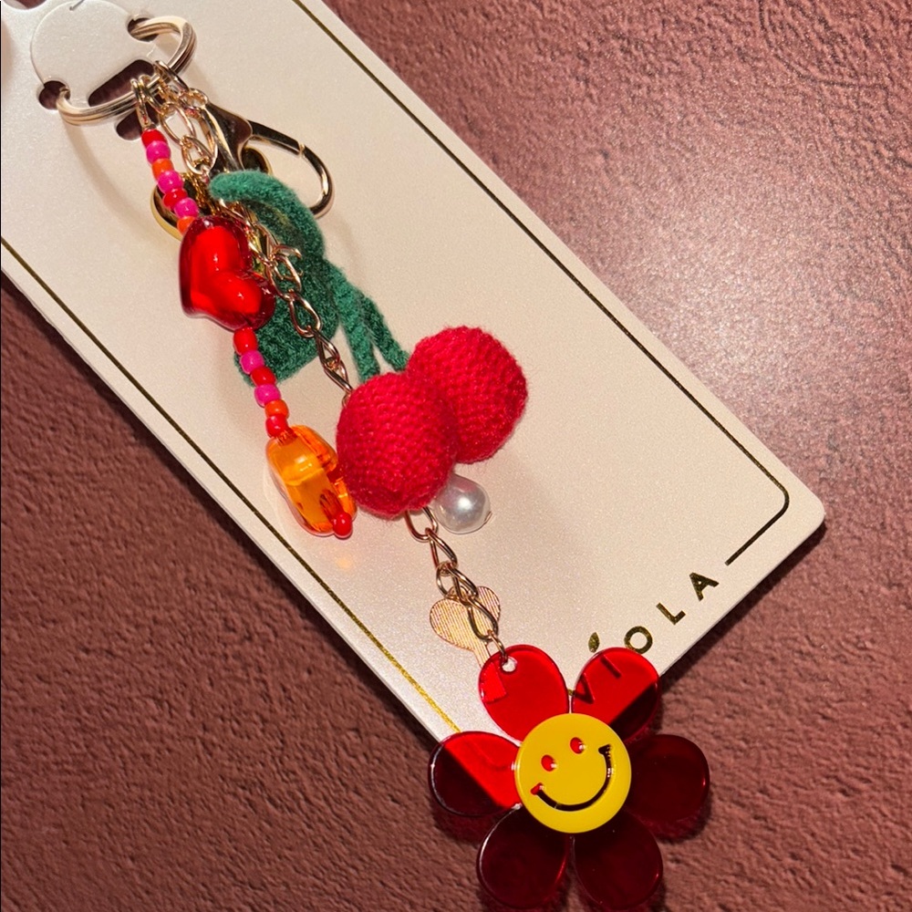 Cherry and Flower Bag Charm Keychain with Red and Pink Accents - Picture 7 of 8